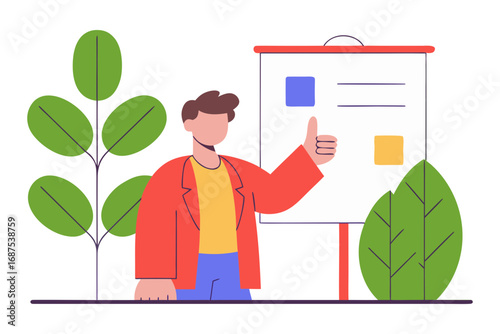 Man giving thumbs up next to presentation board with plants isolated on transparent background