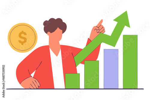 Person pointing at a rising green arrow over a bar graph with a dollar coin isolated on transparent background