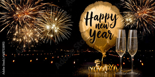 happy new year 2026, new year's eve party holiday event celebration greeting card with text - Golden balloon, champagne glasses and firework on dark night sky