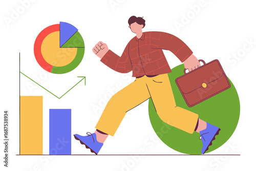 Man with briefcase running past business charts and graphs isolated on transparent background