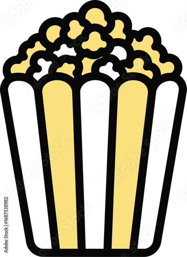 Buttery Popcorn in Box, Delicious Movie Snack, Popcorn Cartoon Illustration, Cinema Snack Food, Yellow Striped Popcorn Bucket