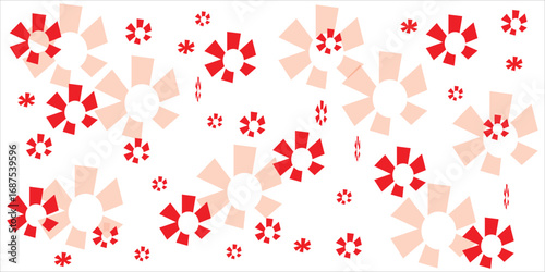 Abstract floral pattern with red and light pink flower shapes scattered on a white background decorative design