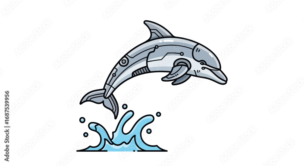 Obraz premium Futuristic Robotic Dolphin Jumping Out of Water with Splash.