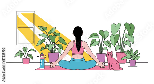 A woman practicing yoga at home surrounded by indoor plants and a cat