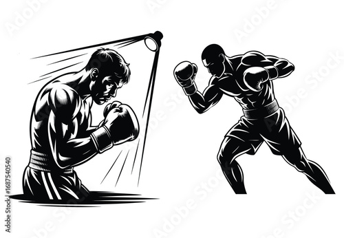 Illustration of a dynamic athlete in a fighting stance in silhouette style