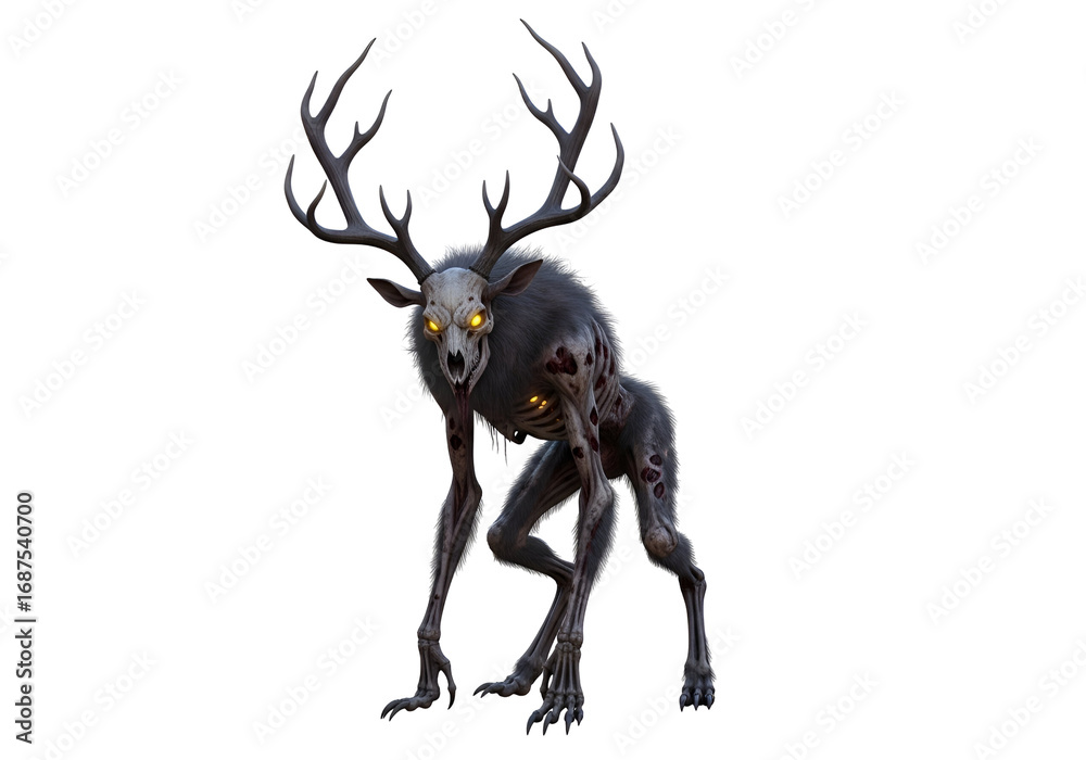 Fototapeta premium A menacing, mythical creature with large antlers and glowing eyes is poised for action against a stark black background.