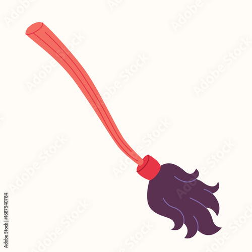 Halloween witch broom, magical flying broomsticks, flat cartoon style.