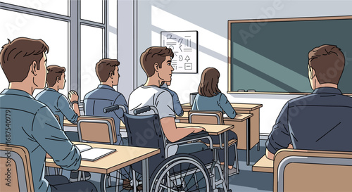 Vector of Student in wheelchair wathcing classes in classroom