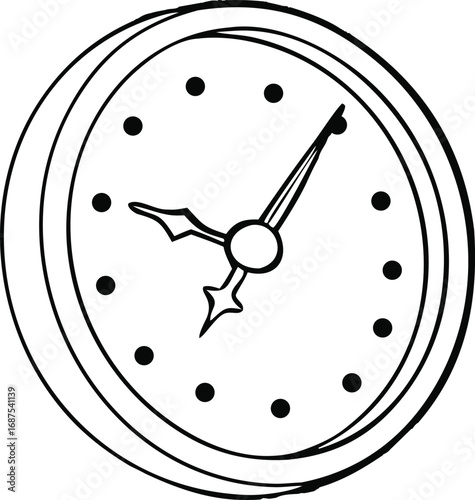 Black and white illustration of a clock face with hands and hour markers on a white background