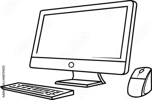 Black and white illustration of a computer monitor keyboard and mouse on a white background screen