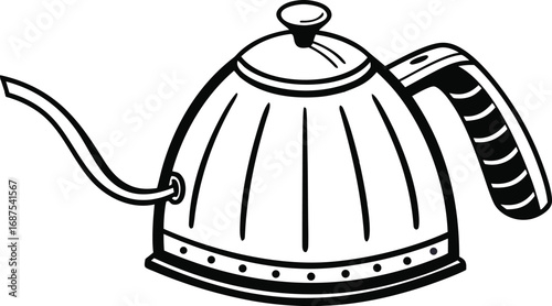 Black and white illustration of a gooseneck kettle with a long spout and a handle on a white background
