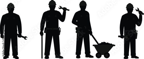 construction workers silhouettes holding tools and equipment