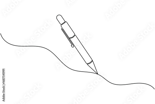 Ball pen continuous one line drawing minimalist office writing outline vector illustration