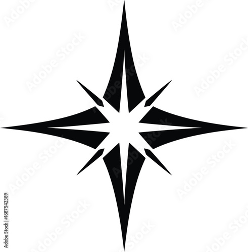 Vector graphic of a black compass rose star shape for navigation and direction
