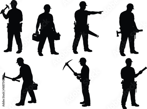 Silhouettes of construction workers with tools, hard hats, safety gear, teamwork, labor industry, building site, engineering, maintenance, repair, architecture, planning