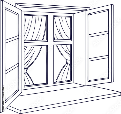 Open Window Illustration with Curtains and Window Sill in Black Outline Style vector