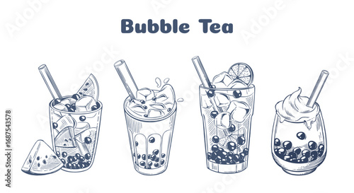 Hand drawn vector illustration of bubble tea with tapioca pearls in sketch style. Perfect for cafe menu, packaging and beverage design