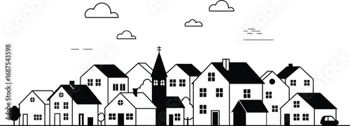 a quaint village scene with houses clouds and trees
