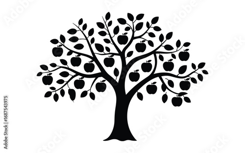 Black silhouette of an apple tree laden with apples on white background fruit