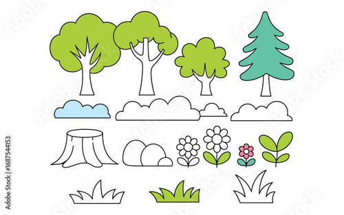 Cartoon style collection of trees clouds flowers grass and tree stump Keywords: tree, cartoon, illustration, nature, plant, green