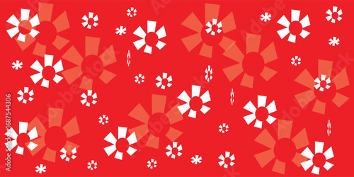 Red background with white and orange stylized flowers and star shapes scattered across the surface in a repeating pattern