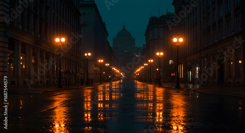 Rainy Night City Street Scene with Warm Lighting