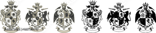 set of Heraldry in vintage style. Engraved coat of arms with animals, birds, mythical creatures, fish, dragon, unicorn, lion. Medieval Emblems and the logo of the fantasy kingdom