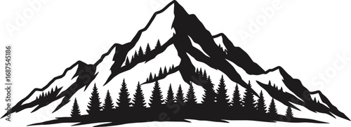 a majestic mountain peak surrounded by dense forest silhouette
