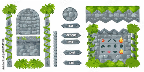 Fantasy game ui elements stone castle and forest theme