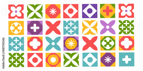 Colorful geometric pattern tiles with floral and cross motifs