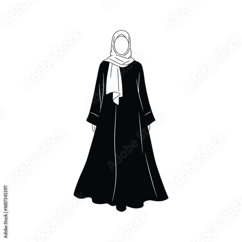 Elegant Black Abaya with White Hijab Muslim Womens Fashion Illustration