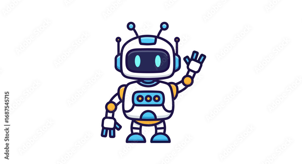 Obraz premium Cartoon Robot Waving with Antennae and Screen Face.