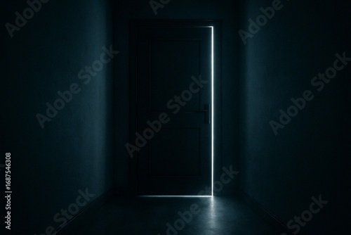 A dark hallway with a closed door slightly ajar, glowing light beams through the edges, creating a mysterious and suspenseful atmosphere