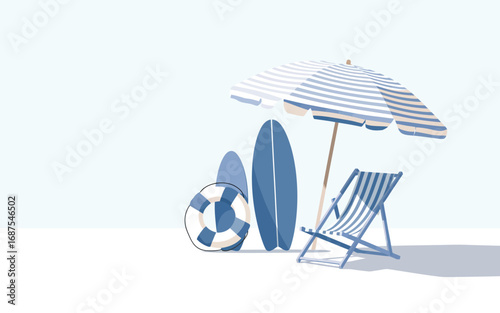 Beach scene with surfboards umbrella and lounge chair