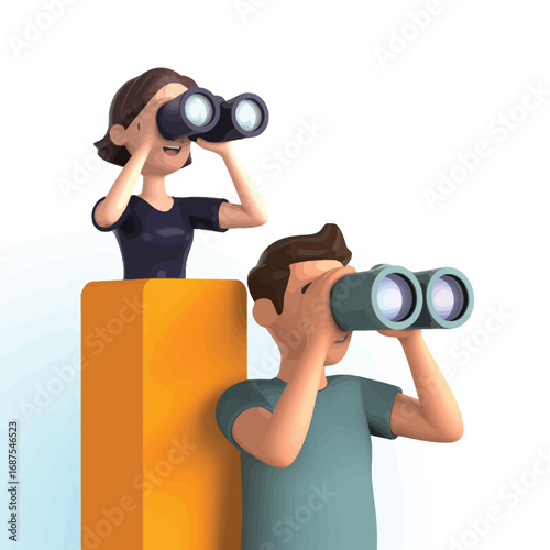 Two cartoon people looking through binoculars searching for something
