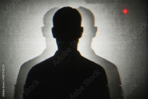 Silhouette of person with overlapping shadows, glitch effect on textured gray background, concept of identity and digital distortion