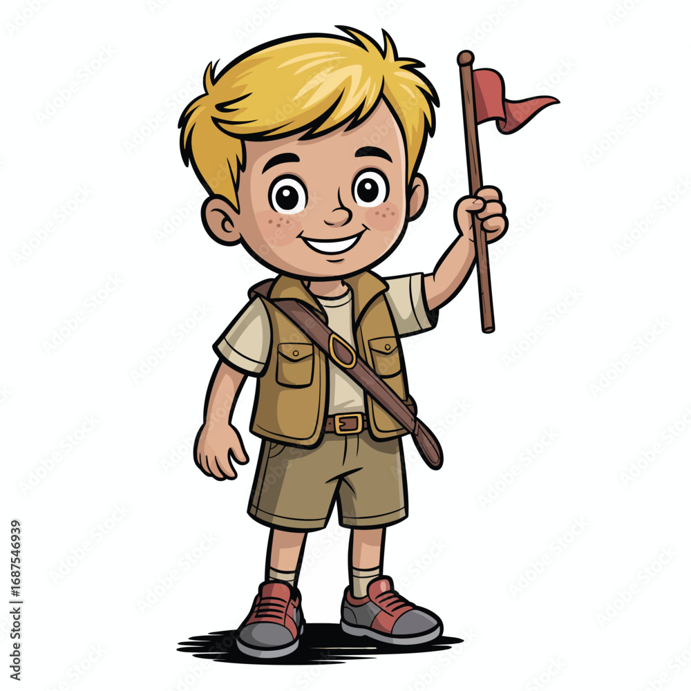 Happy cartoon boy scout holding a red flag on a stick Happy cartoon boy scout holding a red flag on a stick