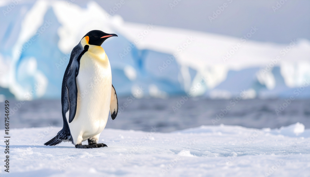 Fototapeta premium Emperor penguin standing majestically on antarctic ice floe near glacial icebergs