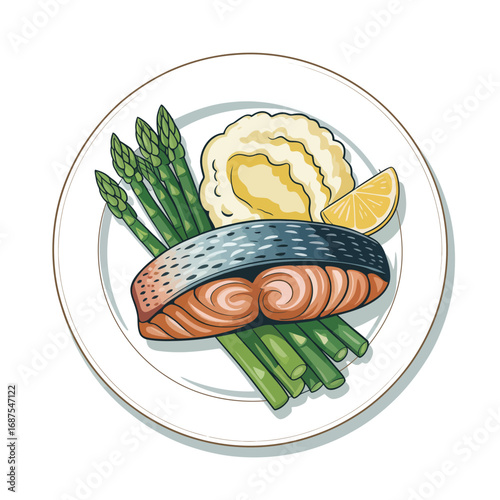 Delicious salmon fillet with mashed potatoes and asparagus on a white plate