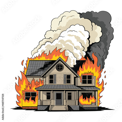 Suburban house engulfed in flames with thick smoke billowing