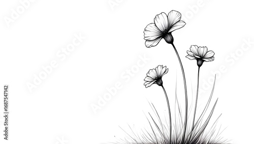 Delicate Meadow Flowers Sketch with Wildflowers in Pastel Tones and Fine Line Details