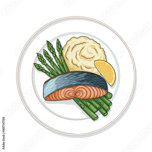 Delicious salmon fillet with mashed potatoes and asparagus on a white plate