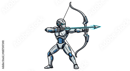 Futuristic robot archer aiming a glowing arrow with a bow.