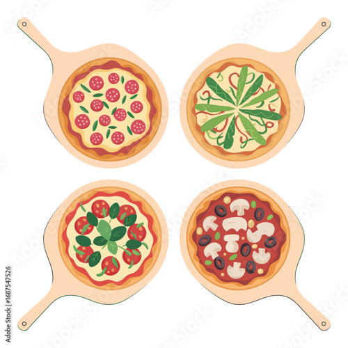 Four mini pizzas with different toppings arranged in a square