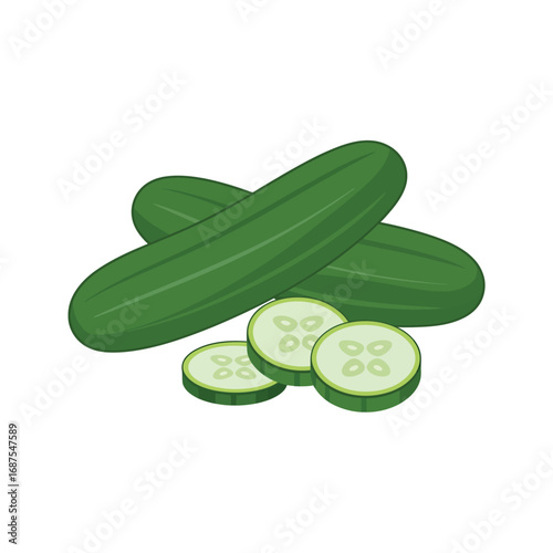 Fresh green cucumbers and slices on white background