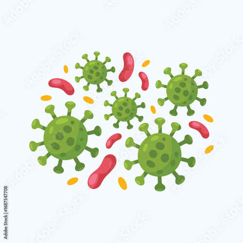 Cartoon illustration of green viruses and red bacteria on a light blue background