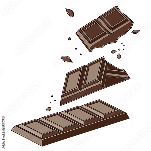 Indulgent chocolate bar pieces breaking apart with delicious cocoa dust particles floating in motion