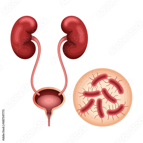 Illustration of human urinary system and bacteria causing infection