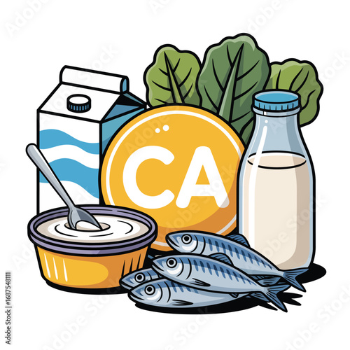 Calcium rich foods and supplement illustration with ca symbol