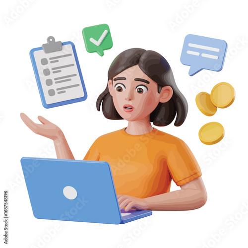 Confused woman with laptop and checklist coins and speech bubbles